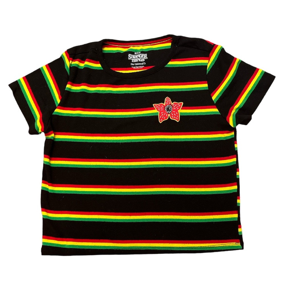Black Striped Crop Top with Red Flower Patch
